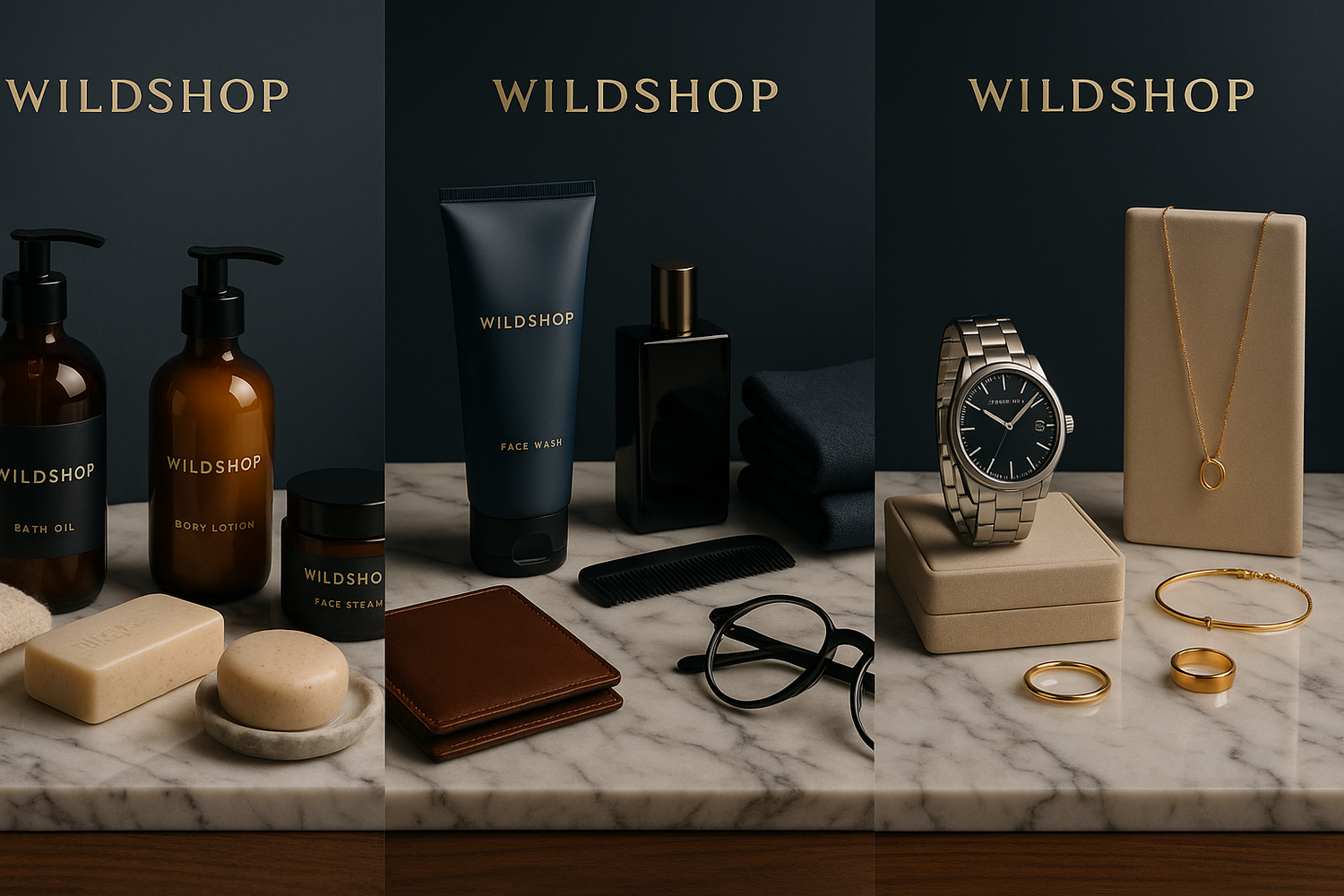 Store name is Wildshop. Selling Bath and Beauty, Modern Men’s Essentials, and Jewelry and Watches